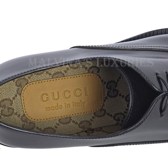 GUCCI SHOES MENS BLACK LEATHER TEMPE CAP OXFORD GG LOGO LINING sz 8 US 8.5 main image 10